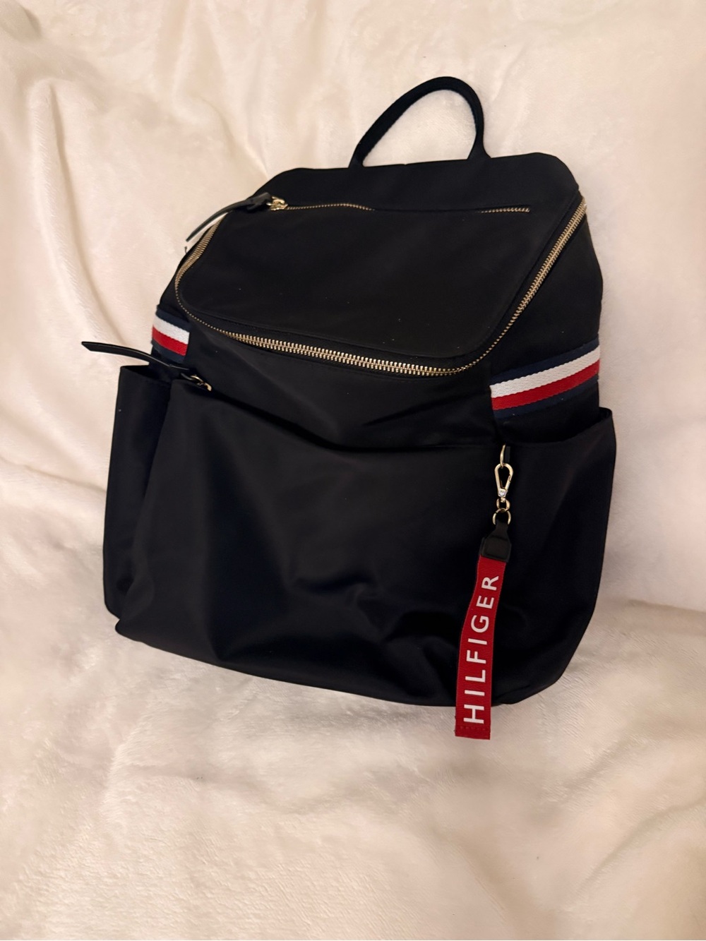 Tommy Hilfiger Black Backpack with Red White Blue Stripe and Branded Tag